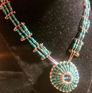 Necklace Handmade turquoise bead/safety pin combo